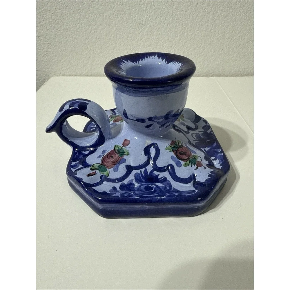 Vintage Portugal Hand Painted Ceramic Single Candle Holder Signed Handpainted‎